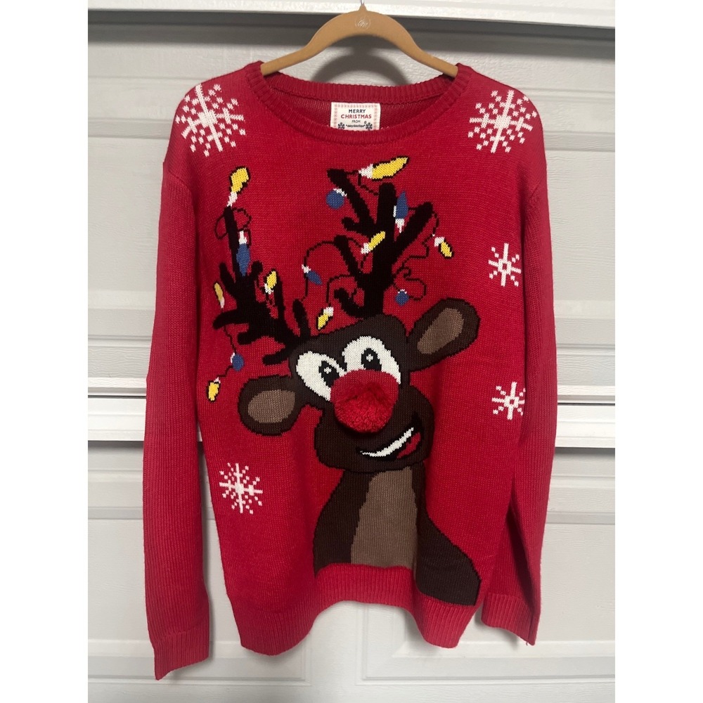 Ugly Christmas Sweater XL Red Reindeer Oh Deer Pom Pom Nose Daisys Boutique